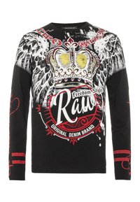 Schwarzes langärmliges T-Shirt mit einem Kronsymbol, goldenen Akzenten, Flügelmotiven, rotem Text und einem kreisförmigen Logo auf der Taille.
