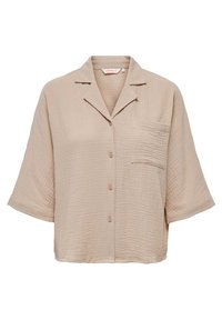 Camicia a maniche corte, beige, con bottoni in tessuto testurizzato, dotata di tasca applicata e vestibilità rilassata. Presenta un colletto classico e un motivo a griglia discreto.