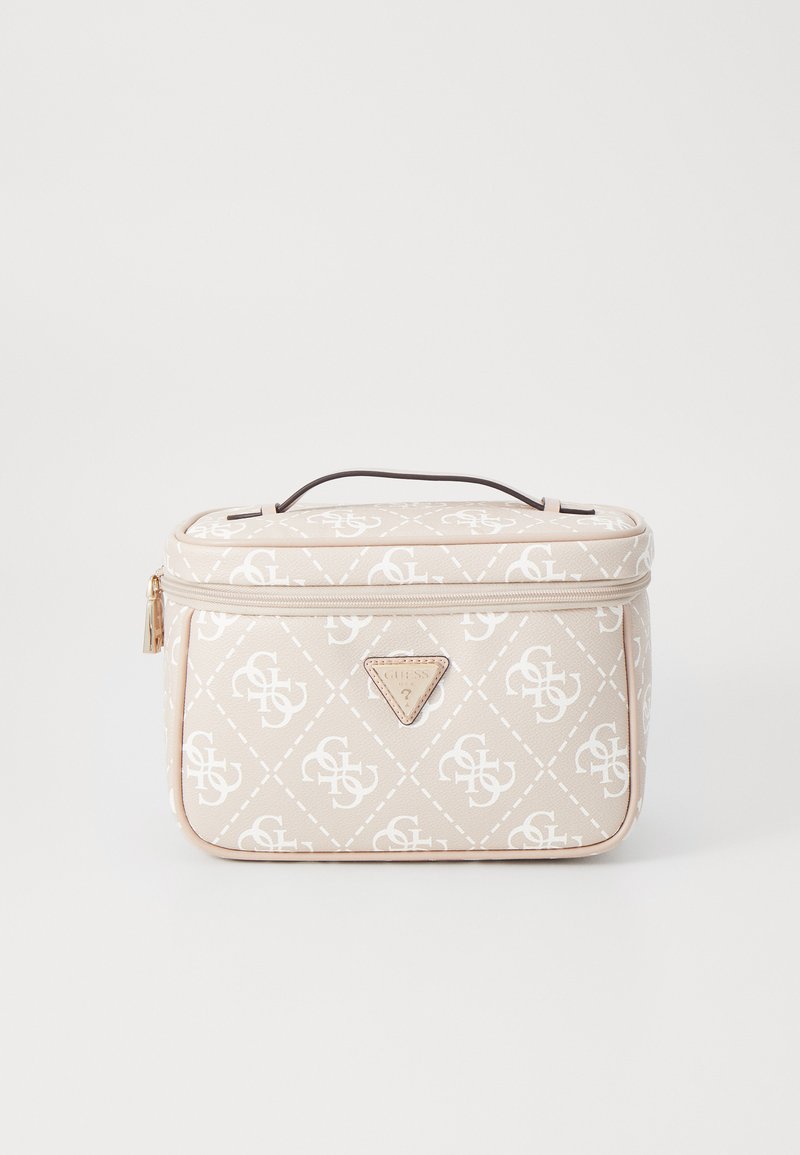 Beige cosmetic bag with diamond pattern, white logo accents, zip closure, and a brown handle. Made of synthetic material with a smooth texture.