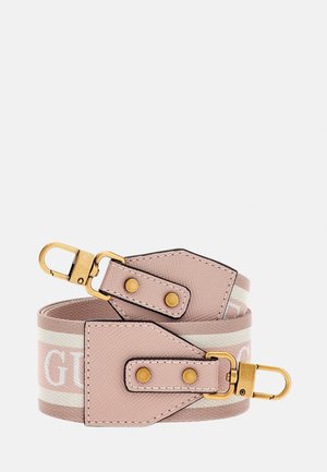 Pink and beige fabric bag strap with gold-tone metal clasps and leather accents, featuring a stitched design and partial white lettering.