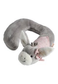 Gray plush neck pillow shaped like a donkey, featuring a soft, textured surface, large ears, a pink fabric accent with a bow, and embroidered details.