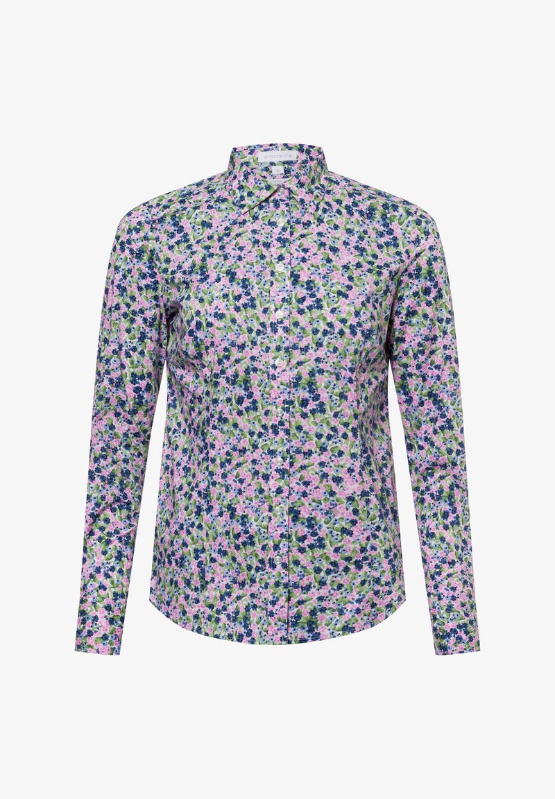 Koszula z długim rękawem wykonana z lekkiego materiału z kwiatowym wzorem w kolorze różowym, zielonym i niebieskim, z kołnierzykiem zapinanym na guziki oraz guziczkami z przodu.