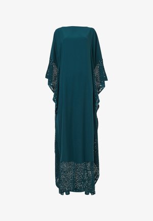 Teal kaftan featuring loose sleeves, a straight silhouette, and a lace trim design at the hem. Made of lightweight fabric.