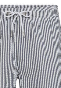 Stribede shorts i blå og hvidt stof, med en snøre i taljen og sølvøjer samt en textured finish. Enkel design, afslappet pasform.