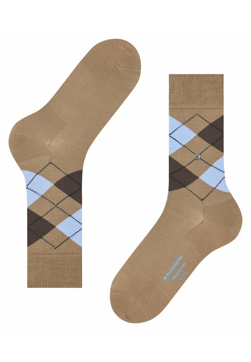 Beżowe skarpetki z wzorem argyle w niebieskie i brązowe romby, z prążkowanym mankietem i gładką teksturą, z logo na podeszwie.