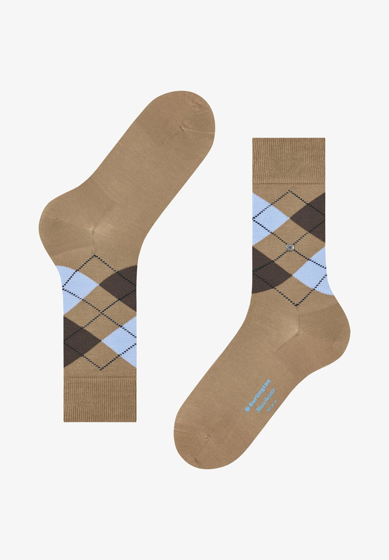 Beżowe skarpetki z wzorem argyle w niebieskie i brązowe romby, z prążkowanym mankietem i gładką teksturą, z logo na podeszwie.