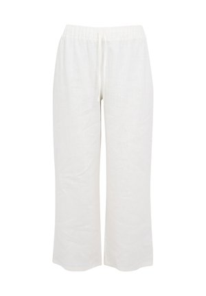 Pantalon en lin blanc à jambes larges, taille élastique avec cordon, longueur totale, coupe décontractée et ample.