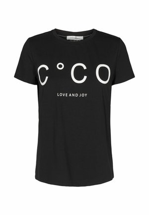 Black short-sleeve t-shirt made of cotton featuring white text: "C°CO LOVE AND JOY". Round neckline, smooth texture, standard fit.