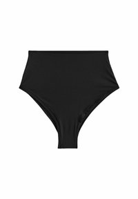 Zwarte bikini onderkant met hoge taille, gemaakt van gladde stof, met een naadloos ontwerp en gebogen lijnen voor een elegante silhouet.