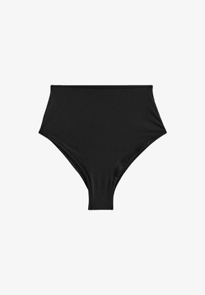 Magas derekú fekete bikini alsó, sima anyagból készült, varrás nélküli dizájnnal és ívelt vonalakkal, amelyek elegáns sziluettet kölcsönöznek.