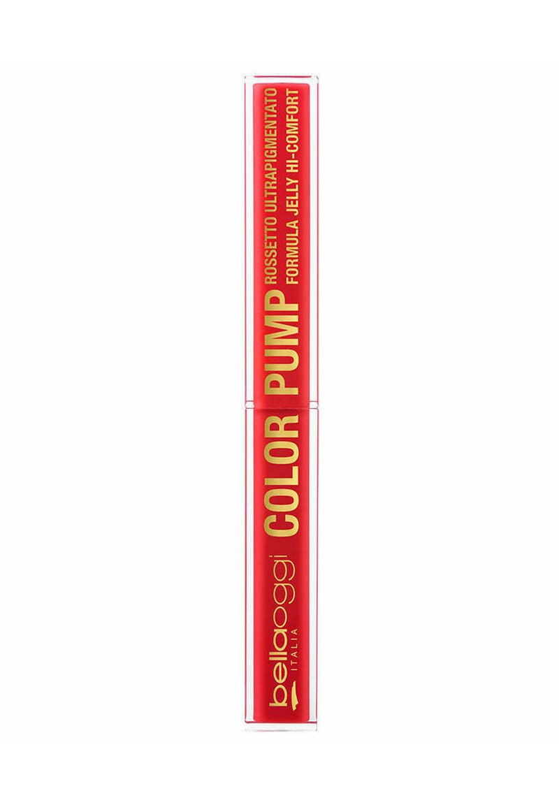 Tubetto di lip gloss Rosso Bellàggi Italia con testo dorato che evidenzia una formula jelly ultraconforte e una pigmentazione intensa.