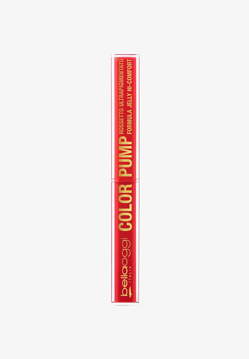 Tubetto di lip gloss Rosso Bellàggi Italia con testo dorato che evidenzia una formula jelly ultraconforte e una pigmentazione intensa.
