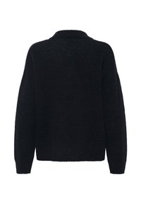 Schwarzer Pullover mit langen Ärmeln und Kragen, von hinten gezeigt, aus weichem, strukturiertem Strickstoff.