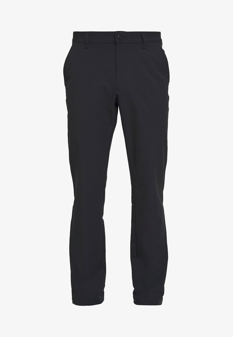 Pantalon noir à jambe droite avec passants de ceinture, fermeture par bouton et zip, et poches latérales, présenté sur un fond blanc uni.