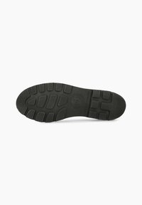 Semelle en caoutchouc noir avec motifs texturés et grips. Présente un bout rond et une empreinte de logo au niveau du talon. Design durable et flexible.