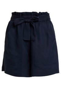 Námořnické modré šortky vyrobené z lehké tkaniny, s vysokým pasem na opasek, bočními kapsami a hladkým povrchem. Vhodné pro volnočasové nošení.