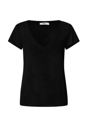 T-shirt noir à col en V avec des manches courtes. Fabriqué en tissu léger, présentant une texture lisse et un design propre et simple. Aucun motif visible.