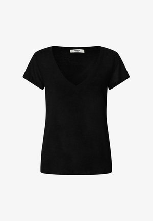 Camiseta negra de cuello en V con mangas cortas. Hecha de un tejido ligero, con una textura suave y un diseño limpio y simple. Sin patrones visibles.