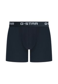 Donkerblauwe boxer briefs van zachte stof, met een zwarte tailleband met het "G-STAR"-logo in grijs. Getailleerd ontwerp met een voorvak.