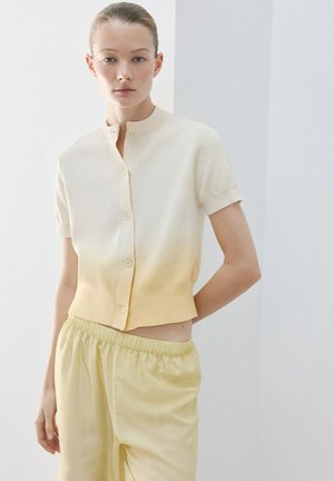 Joven con el pelo recogido, que lleva puesta una blusa de manga corta con botones y un degradado de crema a amarillo, y pantalones sueltos amarillos, de pie en el interior.