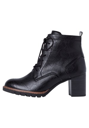Bottine noire en cuir avec laçage sur le devant, talon bloc et semelle texturée, vue de profil sur fond blanc.
