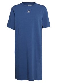 Modré bavlněné šaty s krátkými rukávy, kulatým výstřihem a bíl ým logem Adidas na hrudi. Jednoduchý, rovný střih.