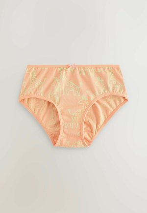 Pfirsichfarbene Baumwollunterwäsche mit grünen Giraffenmustern, verziert mit einer dekorativen pinken Schleife am Bund und elastischen Beinöffnungen.