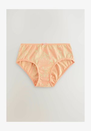 Breskva boje pamučno donje rublje s motivima zelenih žirafa, ukrašeno ružičastom mašnom na struku i elastičnim otvorima za noge.