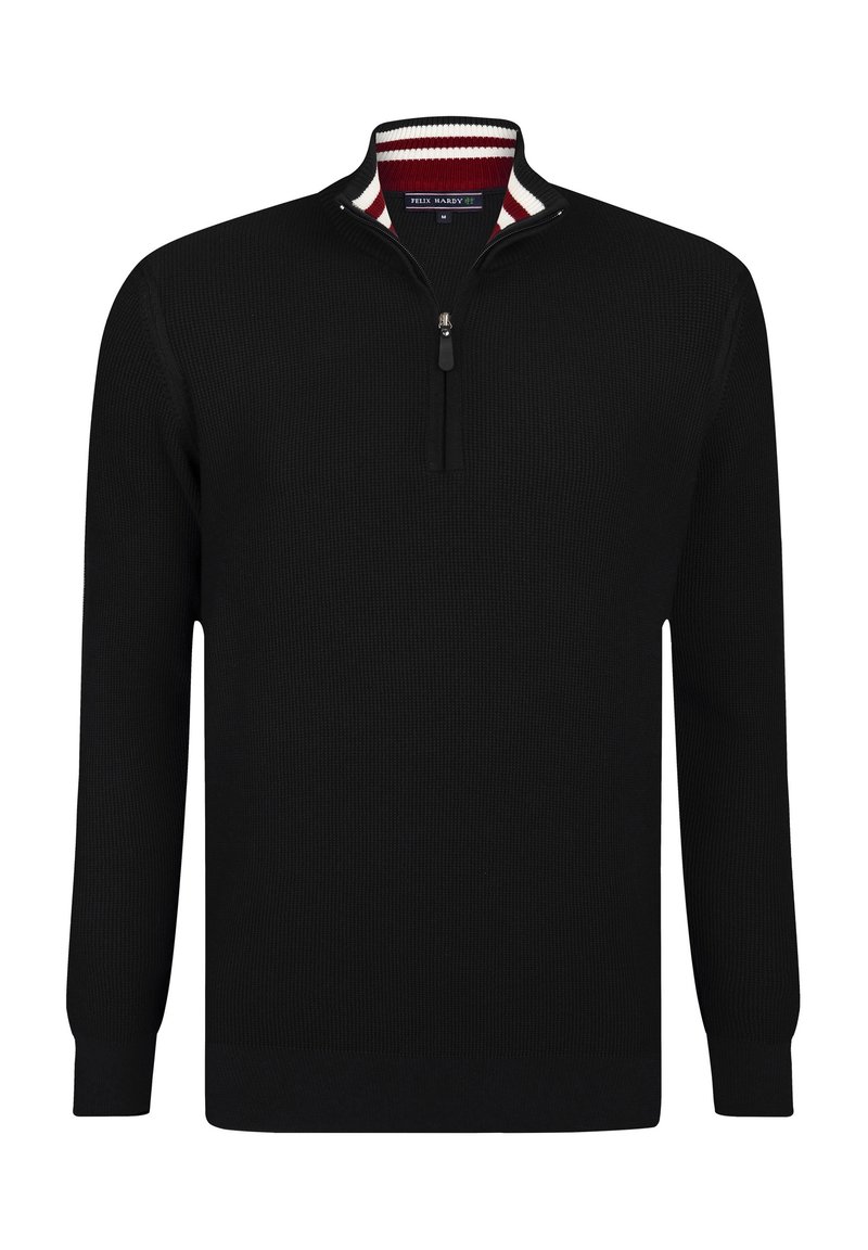 Schwarzer Pullover mit Reißverschluss am Hals, gerippter Textur und kontrastierendem rot-weißen gestreiften Kragen. Lange Ärmel und enganliegende Bündchen.