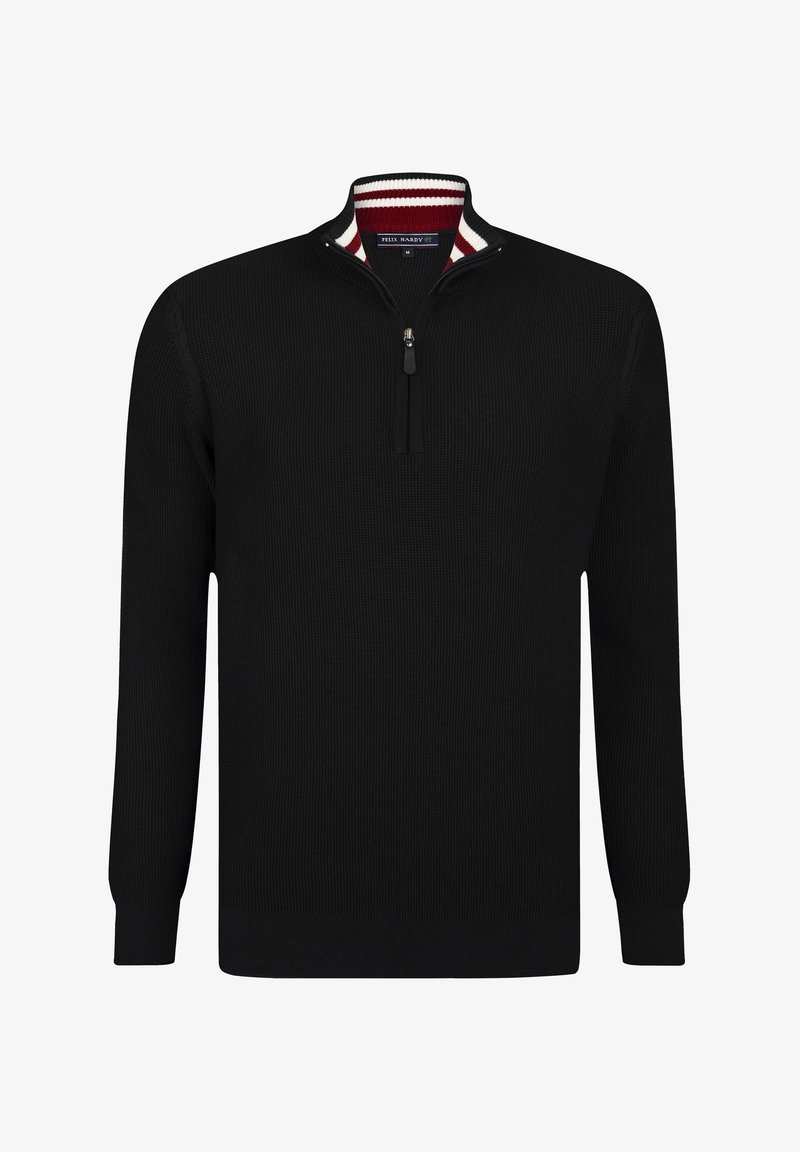 Schwarzer Pullover mit Reißverschluss am Hals, gerippter Textur und kontrastierendem rot-weißen gestreiften Kragen. Lange Ärmel und enganliegende Bündchen.