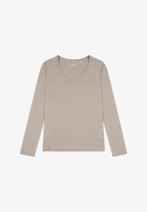 Dlouhý rukáv v světle béžové barvě, vyrobený z jemné látky, s výstřihem do V a jednoduchým, vysoce elegantním designem bez vzorů.