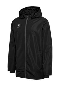 Veste imperméable noire à capuche avec fermeture éclair devant et logo blanc hummel sur la poitrine gauche, manches longues et poches latérales.
