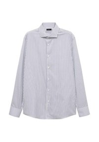 Miesten pitkähihainen nappipaita, jossa on sinivalkoiset pystyrivit, klassinen kaulus ja kaareva helma napillisilla hihansuilla.