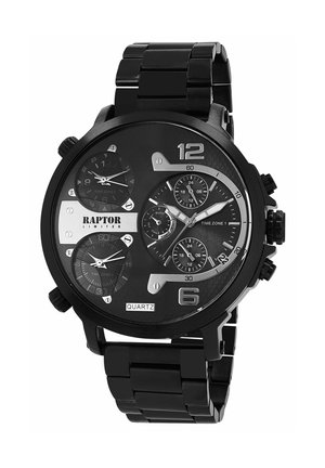 Black quartz watch with a multi-dial design, featuring a black metal link bracelet, clear markings, and logo on face.