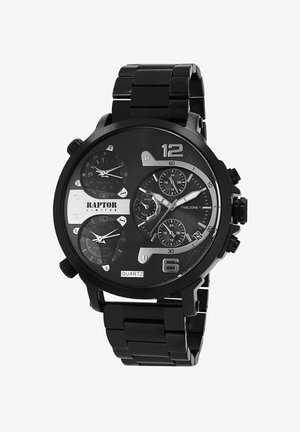 Black quartz watch with a multi-dial design, featuring a black metal link bracelet, clear markings, and logo on face.