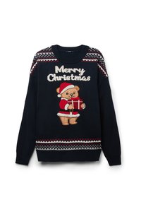Maglione blu navy con un design festivo a maglia raffigurante un orso vestito da Babbo Natale che tiene un regalo, testo "Buon Natale" e dettagli decorativi a motivo.