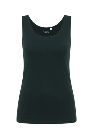 Canotta verde scuro realizzata in un tessuto liscio e elasticizzato, con scollatura rotonda e senza maniche. Design semplice, privo di motivi o accenti.