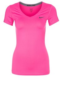 Fuchsia short-sleeve athletic shirt with a V-neck, made of smooth, stretchy fabric. Features a subtle Nike logo on the upper left.