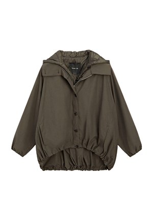 Velká hnědá kapucová bunda s elastickým lemem a manžetami, předním zapínáním na knoflíky a zip, a prošívanou vnitřní podšívkou.