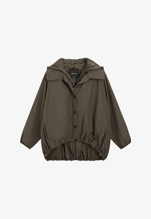 Veste à capuche marron surdimensionnée avec ourlet et poignets élastiques, fermeture frontale par boutons et fermeture éclair, et doublure intérieure matelassée.