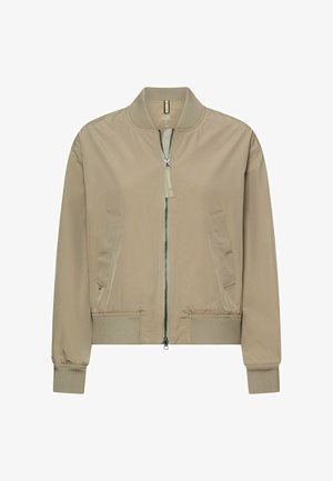 Beige bomberjack met geribde kraag, manchetten en tailleband, een ritssluiting aan de voorkant en twee schuin geplaatste zijzakken met kleppen.