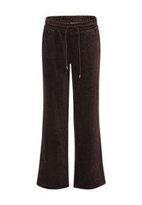 Ciemnobrązowe welurowe spodnie szerokie w nogawkach z elastycznym pasem i sznurkiem.
