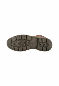 Sole in gomma di un stivale, con scanalature profonde per la trazione, in una combinazione di colori marrone e nero e con un marchio ben visibile nel design.