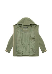 Šviesiai žalia gobtuvu striukė, atversta, kad matytųsi lygi vidinė pamušalas ir užtrauktuku užsegamas krūtinės kišenė, viduje su MARIKOO prekės ženklo etikete.