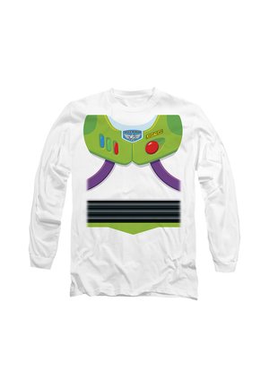 Weißes Langarmshirt mit einem aufgedruckten Design, das an die Brustpanzerung von Buzz Lightyears Raumanzug aus Toy Story erinnert.