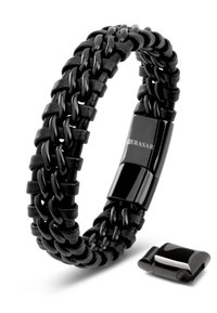 Black woven bracelet made of cord with a glossy black clasp. Features a flat, smooth finish and detailed knot-like pattern throughout.