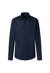 Camisa de boton de manga larga de color azul marino con cuello clásico, tejido suave y dobladillo redondeado con cierres de botones en la parte frontal.