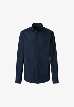Dunkelblaues Langarmhemd mit Knopfleiste, klassischem Kragen, glattem Stoff und abgerundetem Saum mit Knopfverschluss an der Vorderseite.