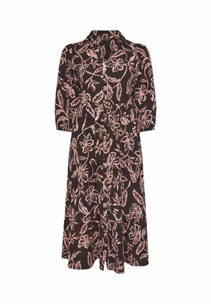 Sort midi-kjole med pink blomsterprint, knaplukning foran, 3/4-lange ærmer og krave.