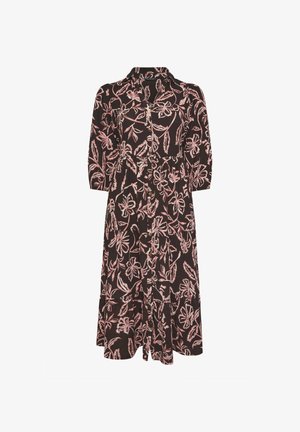 Zwarte midijurk met roze bloemenpatroon, knoopsluiting aan de voorkant, driekwart mouwen en een kraag.